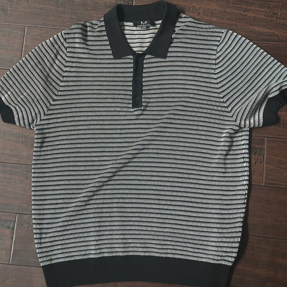 Magaschoni Black and White Striped Polo Shirt